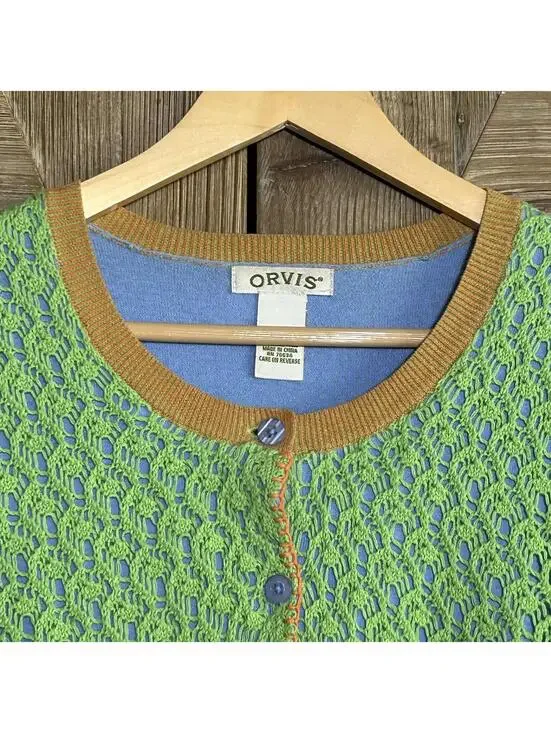 Orvis Women’s XS Blue Green Crochet Button Front Cardigan Knit Sweater Coastal - Picture 2 of 5